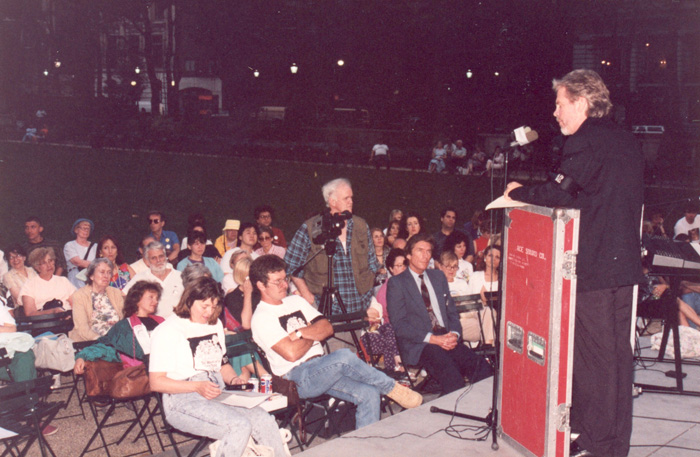 Tom Regan speaks to a crowd of activists, 1996